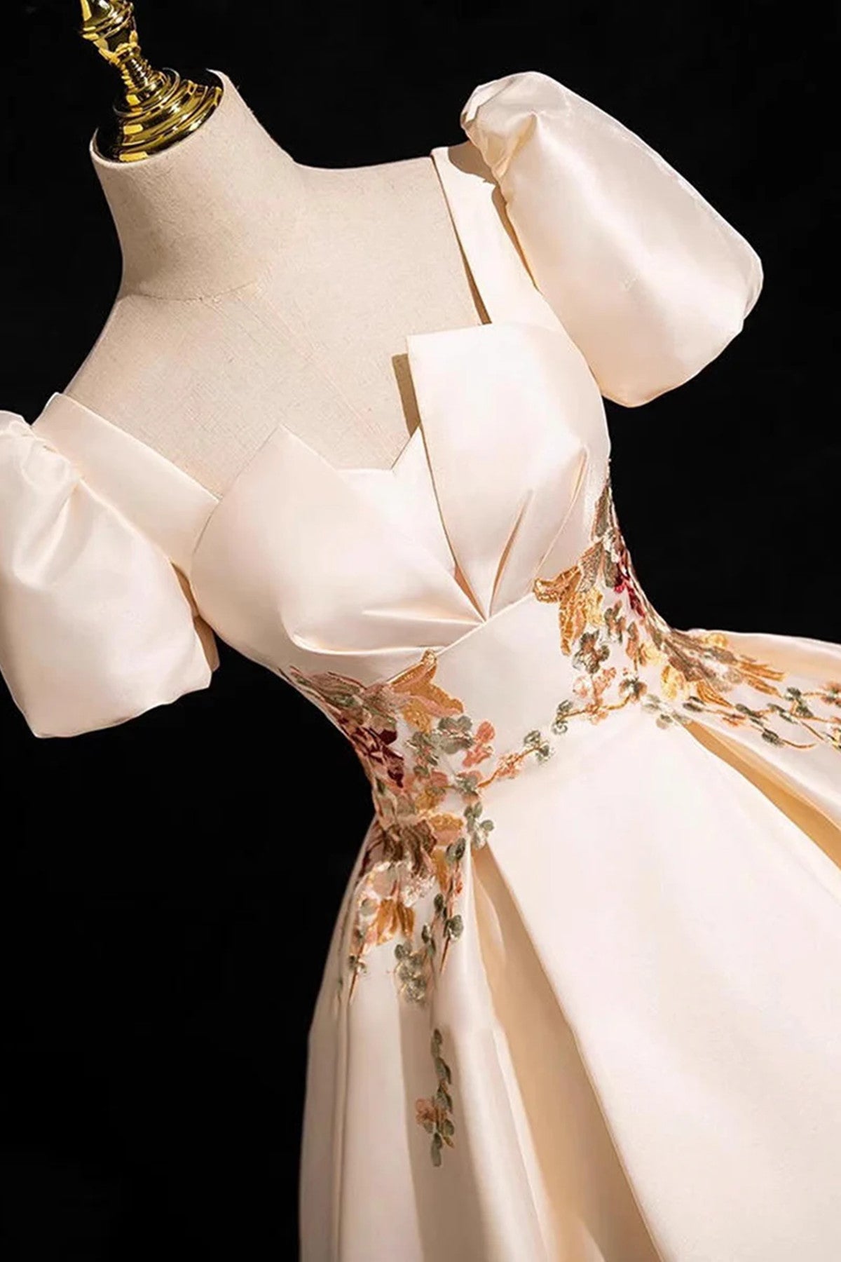Champagne Satin Short Sleeves A-line Party Dress, Champagne Satin Long Evening Dress