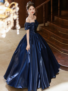 A-line Blue Satin Off Shoulder Long Prom Dress, Blue Satin Evening Dress Formal Dress