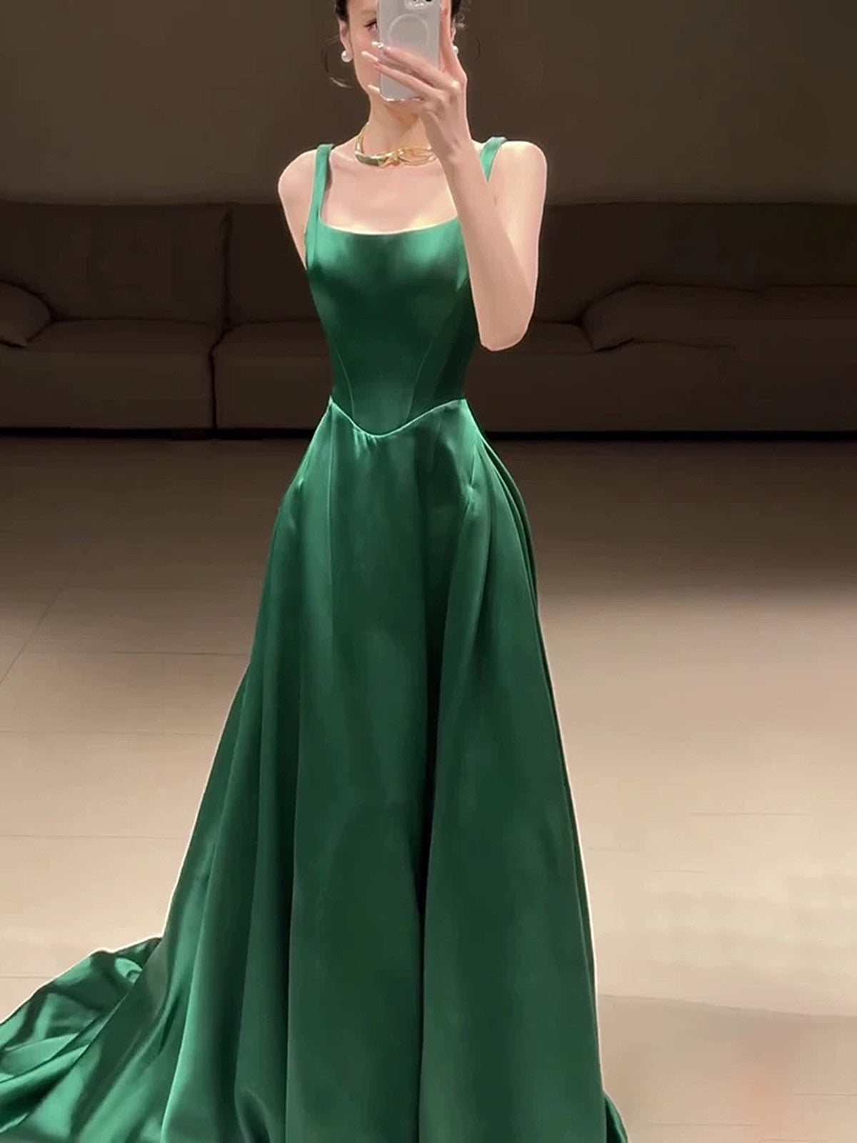 Green Satin A-line Straps Scoop Long Party Dress, Green Satin Evening Cutedressy Green Satin A-line Straps Scoop Long Party Dress, Green Satin Evening Cutedressy