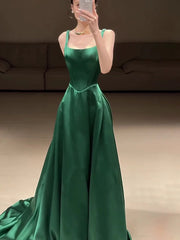 Green Satin A-line Straps Scoop Long Party Dress, Green Satin Evening Dress Prom Dress
