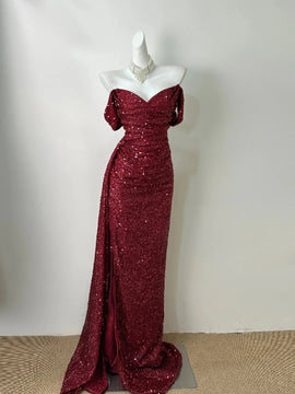 Wine Red Sequins Off Shoulder Long Party Dress, Sweetheart Sequins Long Prom Dress