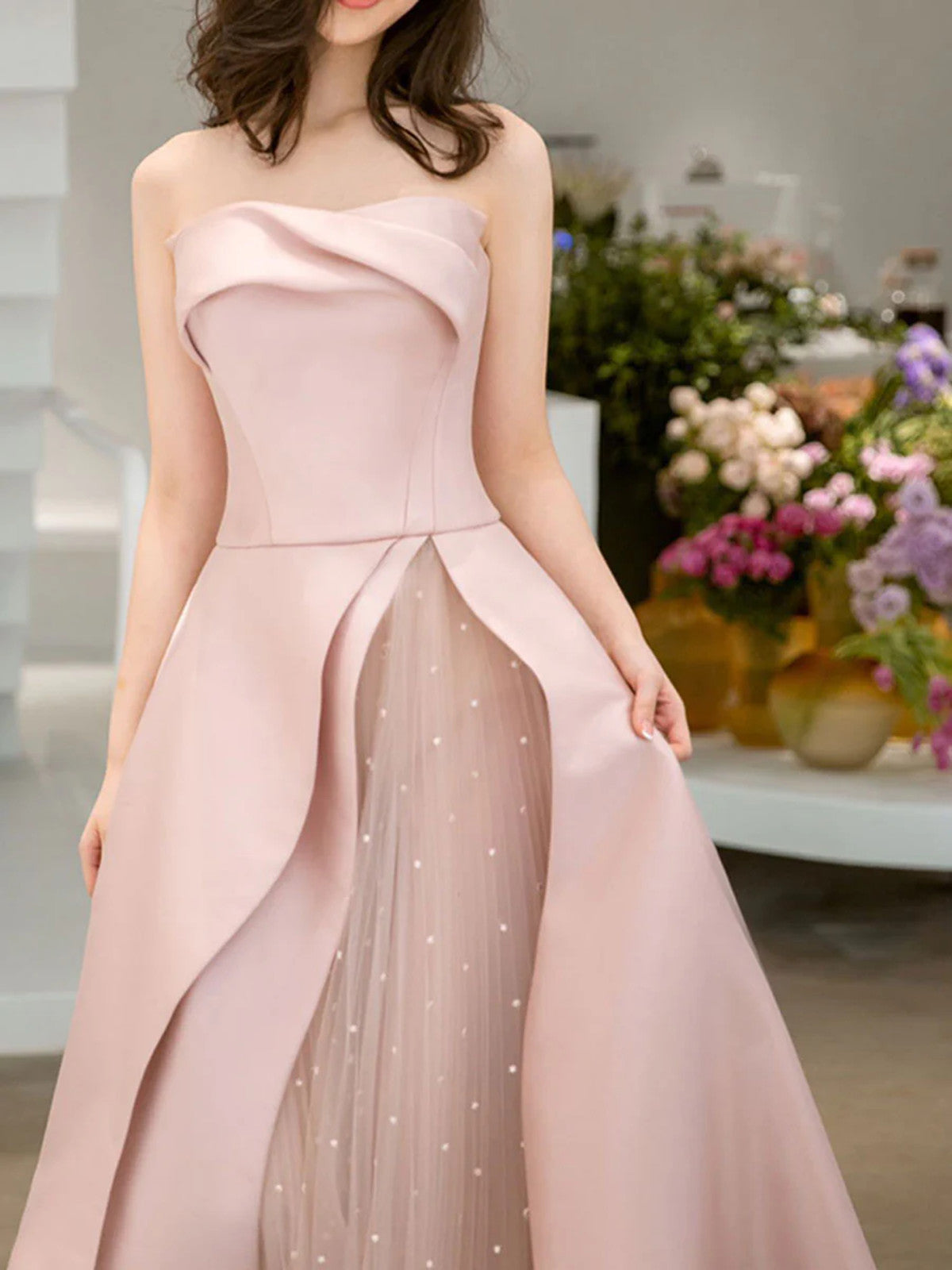 Pink Tulle and Satin A-line Prom Dress Party Dress, Pink Strapless Floor Length Formal Dress