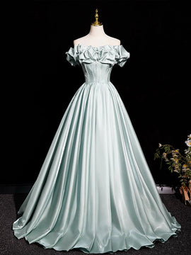 Light Green Beaded Off Shoulder Satin Formal Dress, Light Green Satin Long Evening Dress