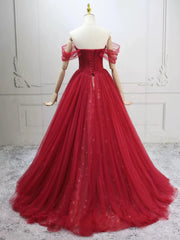 Wine Red Tulle Off Shoulder A-line Prom Dress, Wine Red Tulle Evening Dress Formal Dress