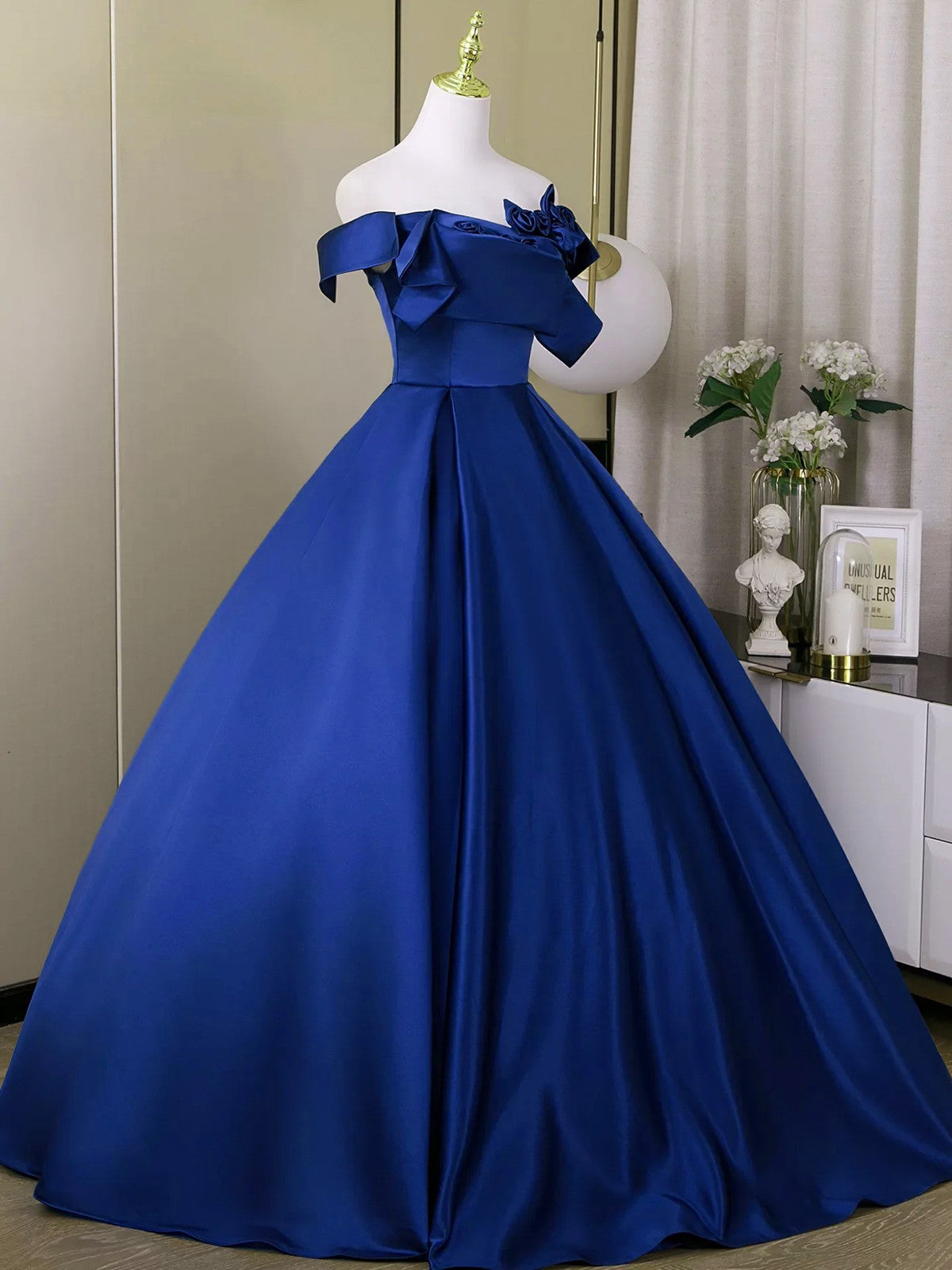 Blue Satin Flowers Off Shoulder Floor Length Party Dress, Blue Satin A Cutedressy Blue Satin Flowers Off Shoulder Floor Length Party Dress, Blue Satin A Cutedressy