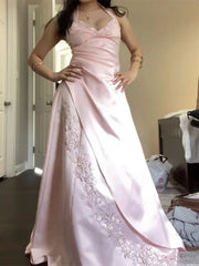 Pink Satin Straps V-neckline A-line Floor Length Party Dress, Pink Satin Formal Dress