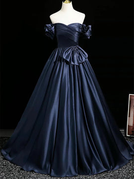 A-line Navy Blue Satin Sweetheart Formal Dress, Navy Blue Floor Length Evening Dress Prom Dress