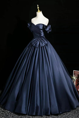 A-line Navy Blue Satin Sweetheart Formal Dress, Navy Blue Floor Length Evening Dress Prom Dress