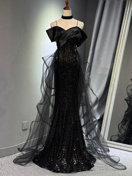 Black Sequins and Tulle Sweetheart Long Formal Dress, A-line Black Off Shoulder Prom Dress