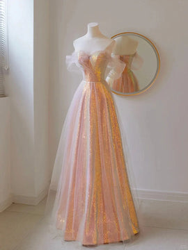 A-line Sequins and Tulle Off Shoulder Sweetheart Prom Dress, Long Sequins Evening Dress