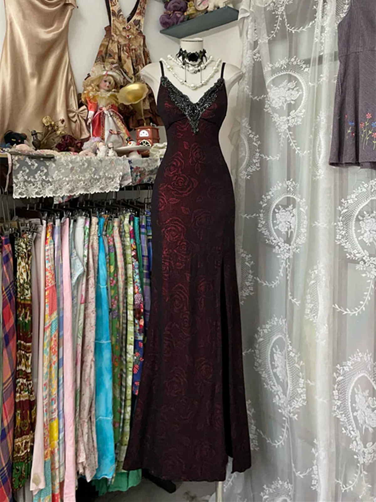 Wine Red Lace and Tulle Beaded V-neckline Long Prom Dress, Wine Red Straps Formal Dress