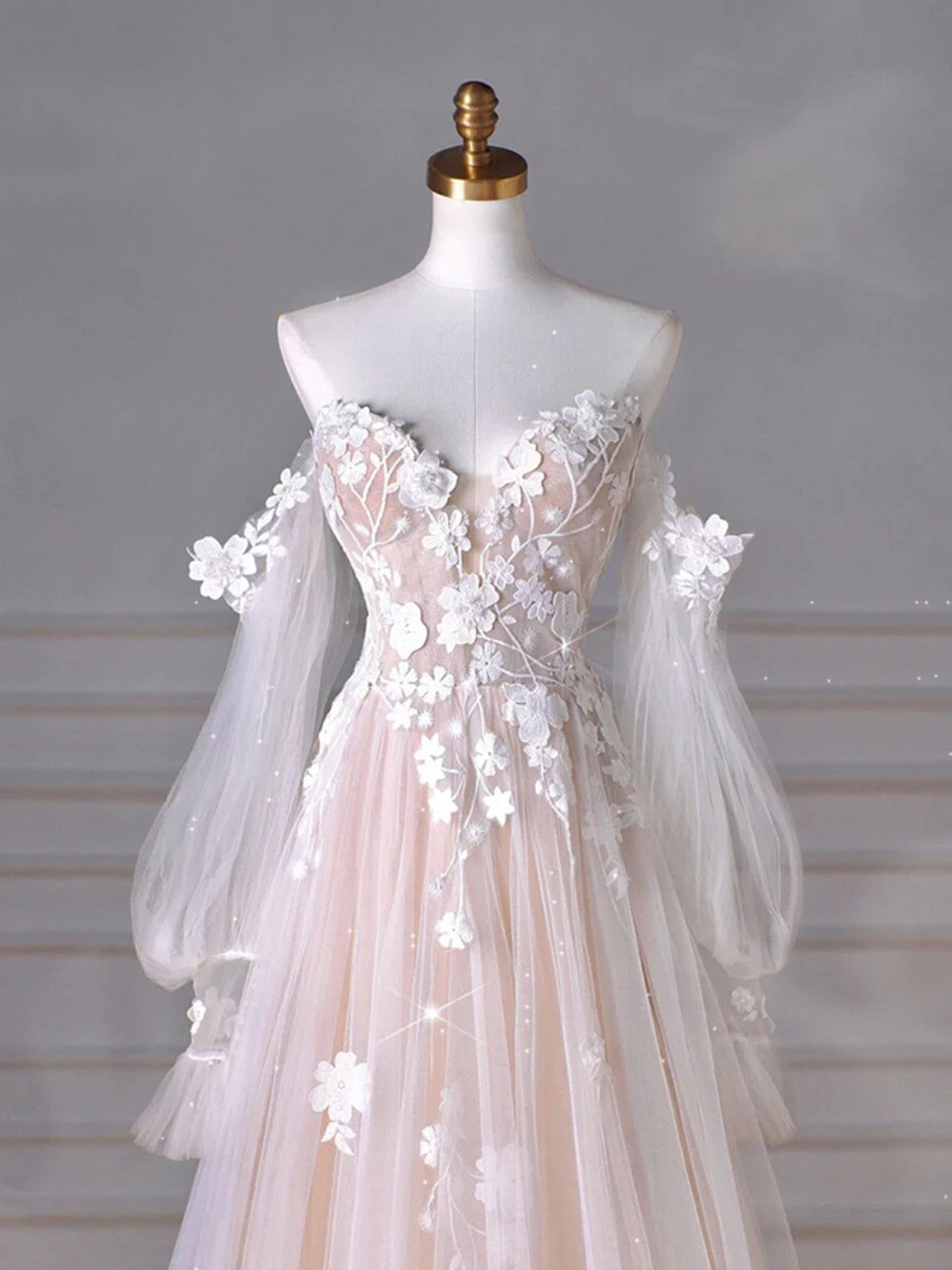 A-Line Long Sleeves Tulle with Lace Applique Sweetheart Formal Dress, Tulle Long Prom Dress