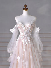 A-Line Long Sleeves Tulle with Lace Applique Sweetheart Formal Dress, Tulle Long Prom Dress