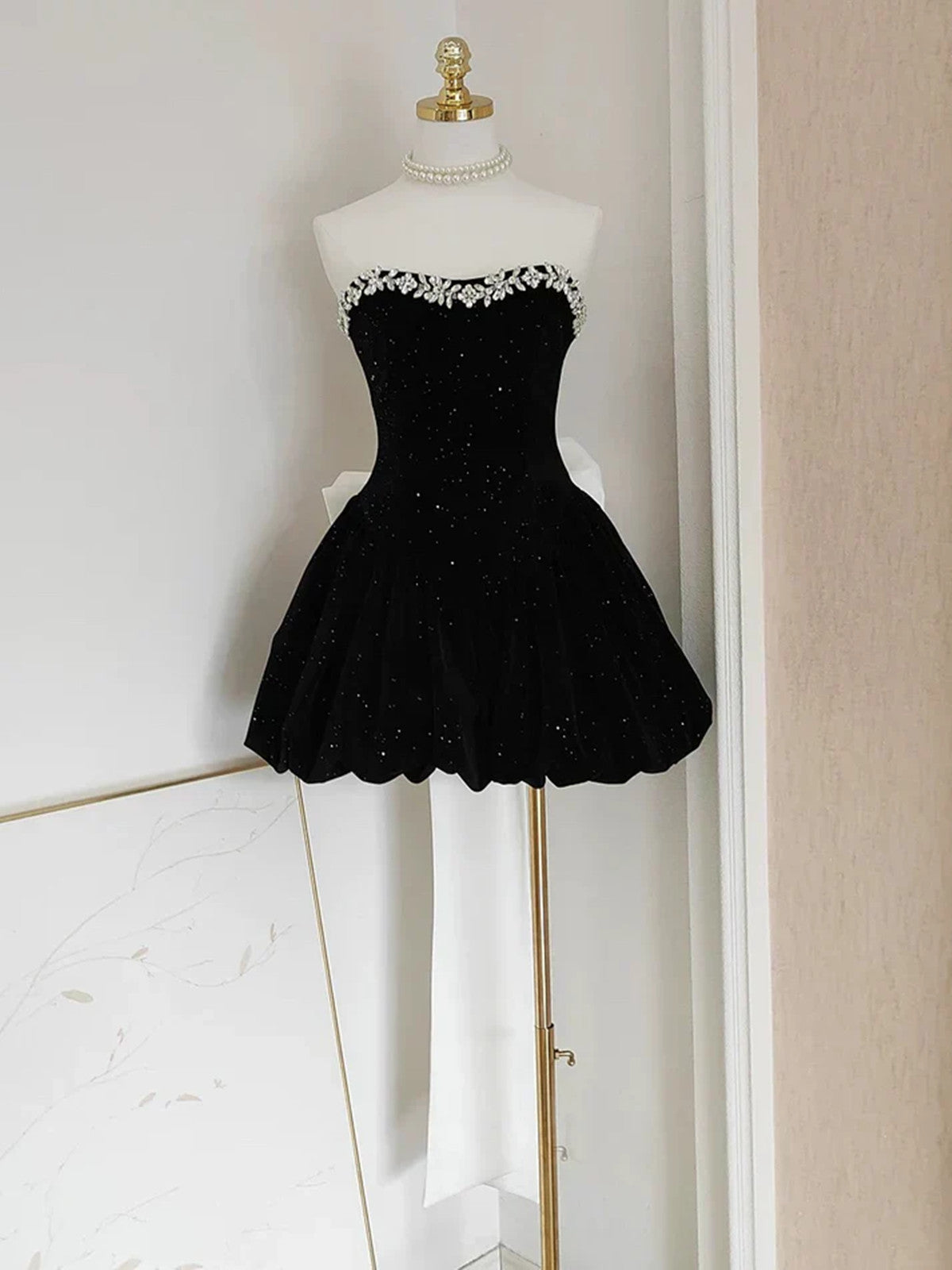 Black Sweetheart Velvet Beaded Short Party Dress, Black Mini Homecoming Dress 