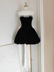 Black Sweetheart Velvet Beaded Short Party Dress, Black Mini Homecoming Dress 