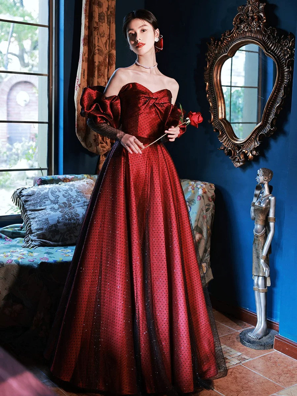 Red and Black A-line Sweetheart Off Shoulder Party Dress, Long Prom Dress Formal Dress