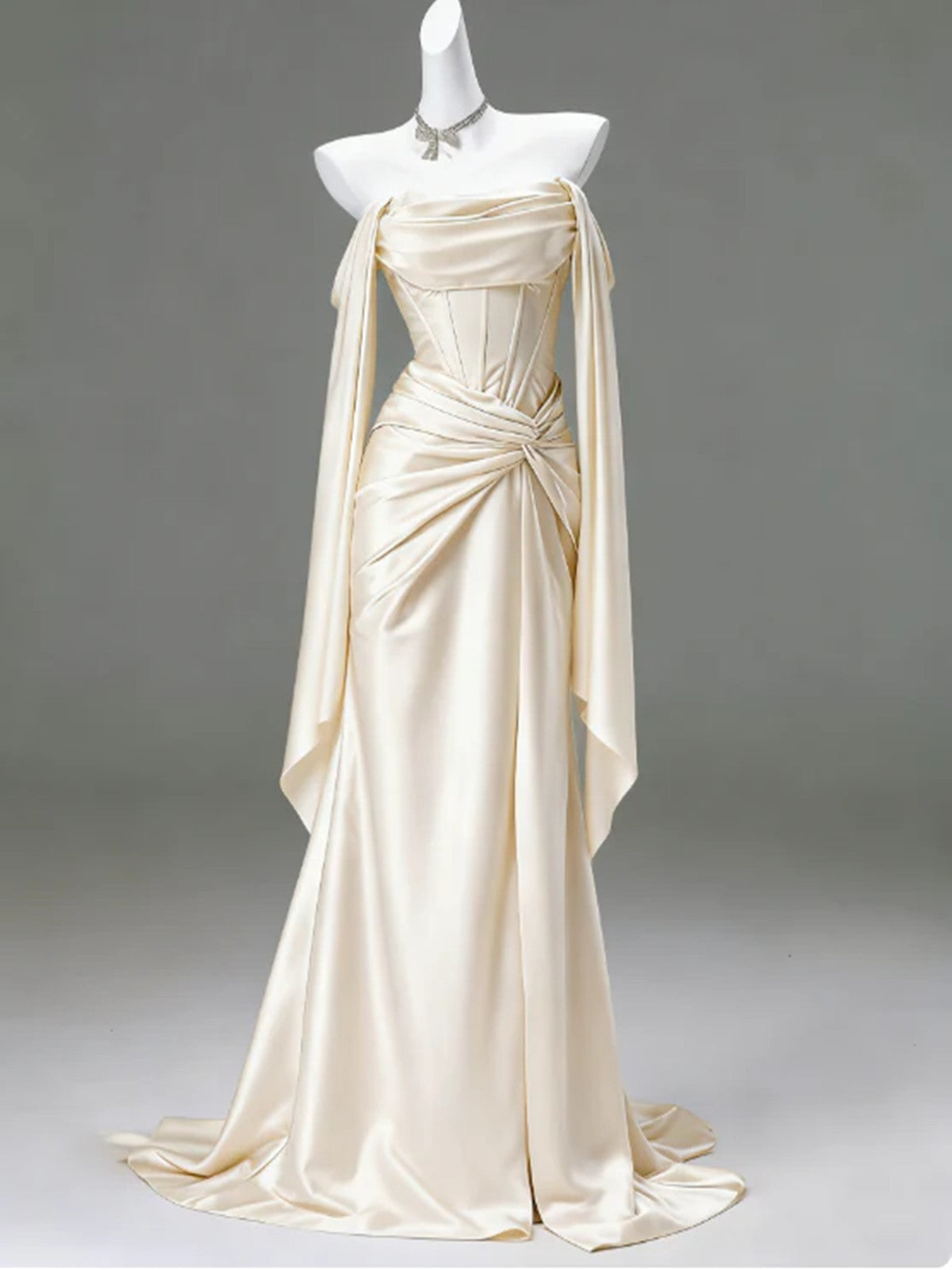 Light Champagne Satin Long Prom Dress,Light Champagne Evening Dress Party Dress