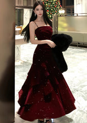 Wine Red Velvet Straps Prom Dress Party Dress, Wine Red Long Evening Dress Formal Dress