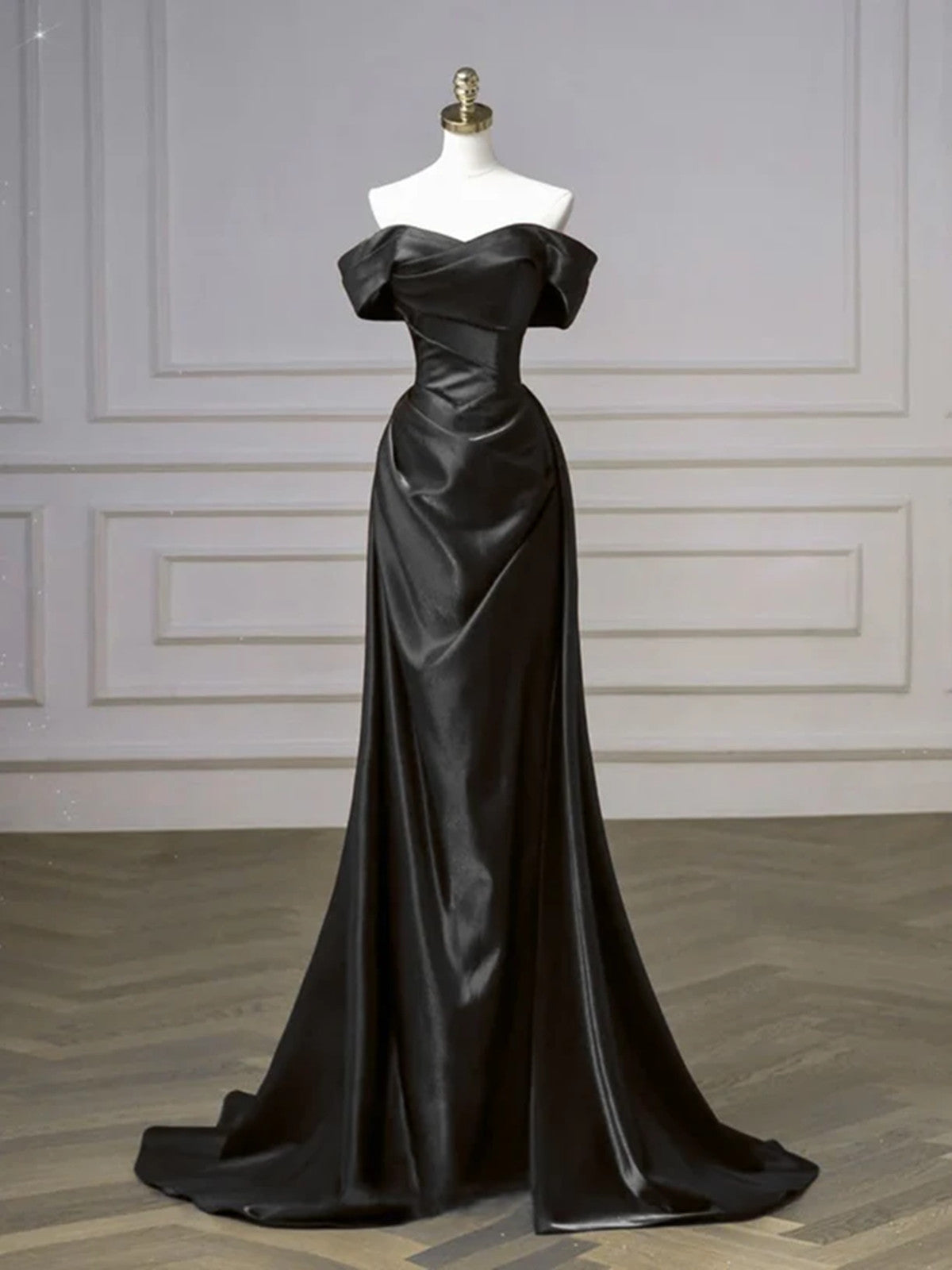 Black Off Shoulder Satin Long Party Dress, Black A-line Sweetheart Evening Dress Prom Dress