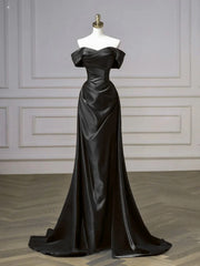 Black Off Shoulder Satin Long Party Dress, Black A-line Sweetheart Evening Dress Prom Dress