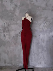 Charming Wine Red Halter Off Shoulder Party Dress, Wine Red Floor Length Long Prom Dress