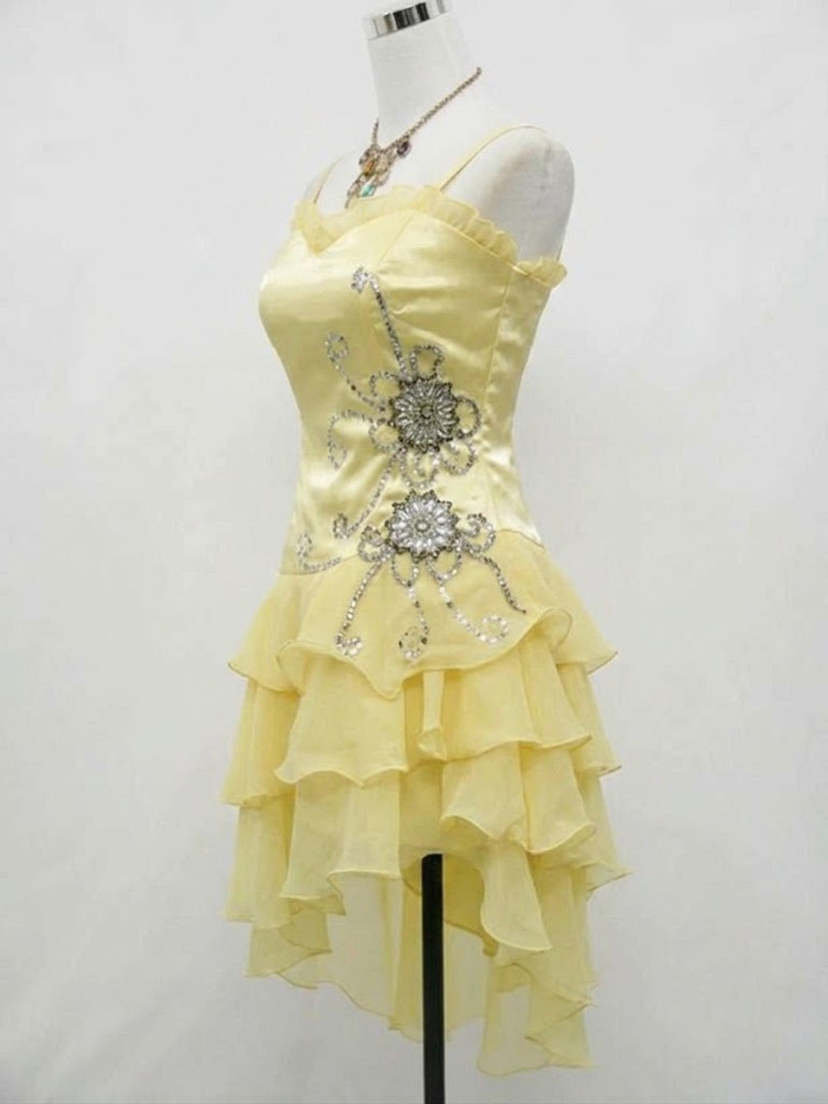 Cute Light Yellow Organza Beaded Layers Straps Party Dress, Yellow Short Homecoming Dress
