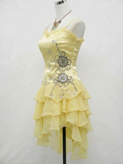 Cute Light Yellow Organza Beaded Layers Straps Party Dress, Yellow Short Homecoming Dress