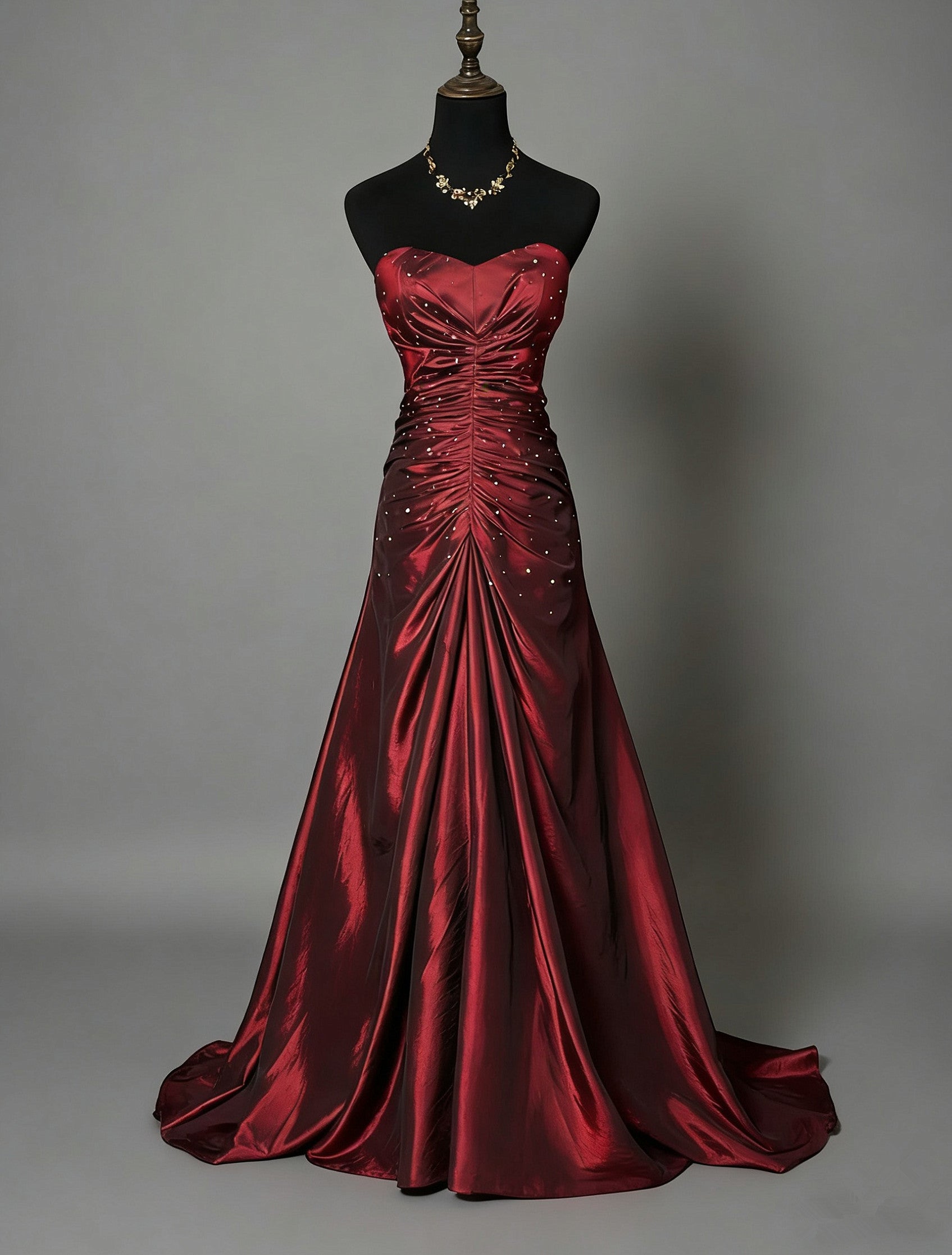 Elegant Strapless Wine Red Ruched Prom Dress, Shimmering Taffeta Formal Dress