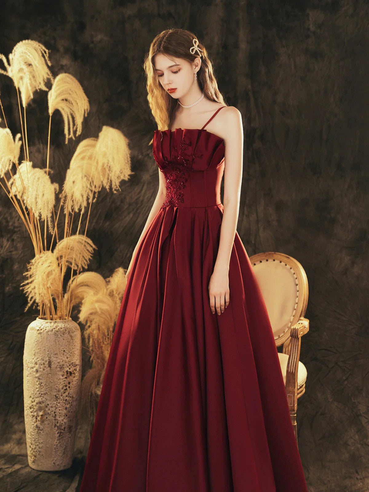 Wine Red Satin Beaded Straps Prom Dress Evening Dress, Wine Red A-line Formal Dress