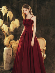 Wine Red Satin Beaded Straps Prom Dress Evening Dress, Wine Red A-line Formal Dress