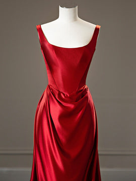 Red Satin Square Neck Backless Formal Dress Prom Dress, Red Floor-Length Evening Dress