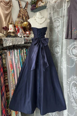 Navy Blue Strapless A-line Long Prom Dress, Long Taffeta Formal Dress with Bow