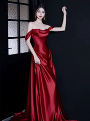 Elegant Off-Shoulder Wine Red Satin Prom Gown, Wine Red A-Line Formal Party Dress