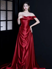 Elegant Off-Shoulder Wine Red Satin Prom Gown, Wine Red A-Line Formal Party Dress