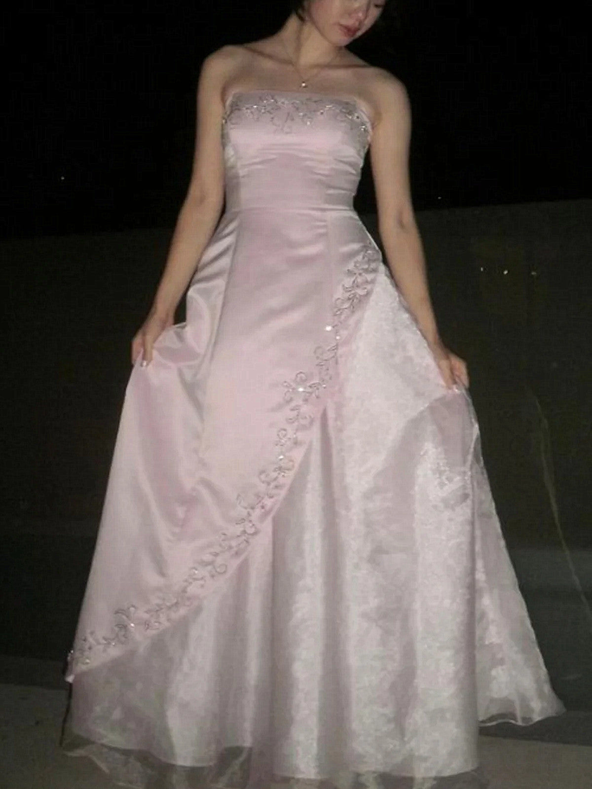 A-line Light Pink Strapless Prom Dress with Embroidery, Pink Floor Length Formal Dress