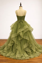 Olive Green Tulle Ball Gown Tiered Ruffle Prom Dress, Olive Green Party Dress Formal Dress