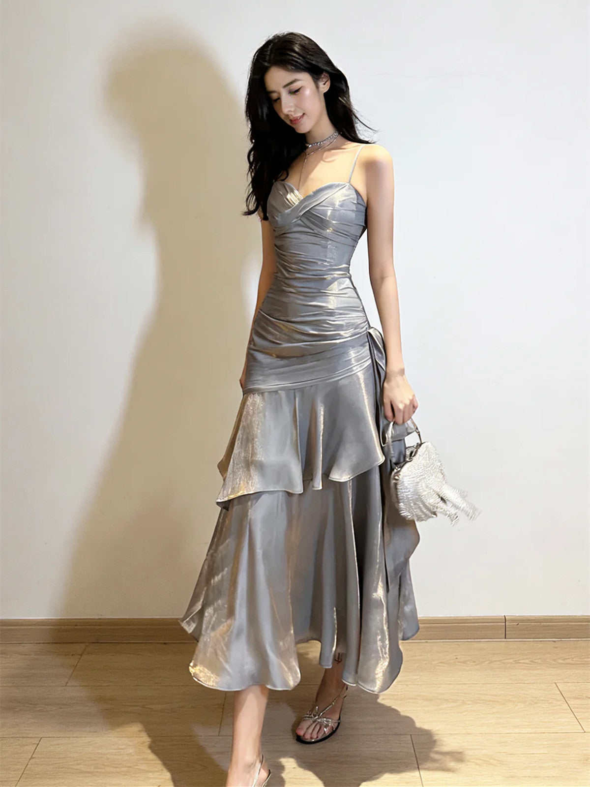 Spaghetti Strap Tiered Ruffle Mermaid Maxi Dress, Sliver Grey Long Prom Dress Party Dress