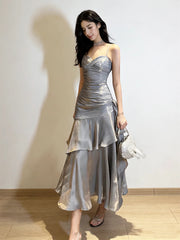 Spaghetti Strap Tiered Ruffle Mermaid Maxi Dress, Sliver Grey Long Prom Dress Party Dress