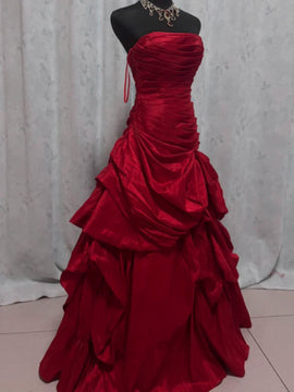 Chic Wine Red Strapless Taffeta Long Prom Gowns, Wine Red Ruffled Evening Dress