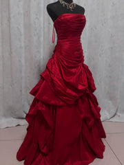 Chic Wine Red Strapless Taffeta Long Prom Gowns, Wine Red Ruffled Evening Dress