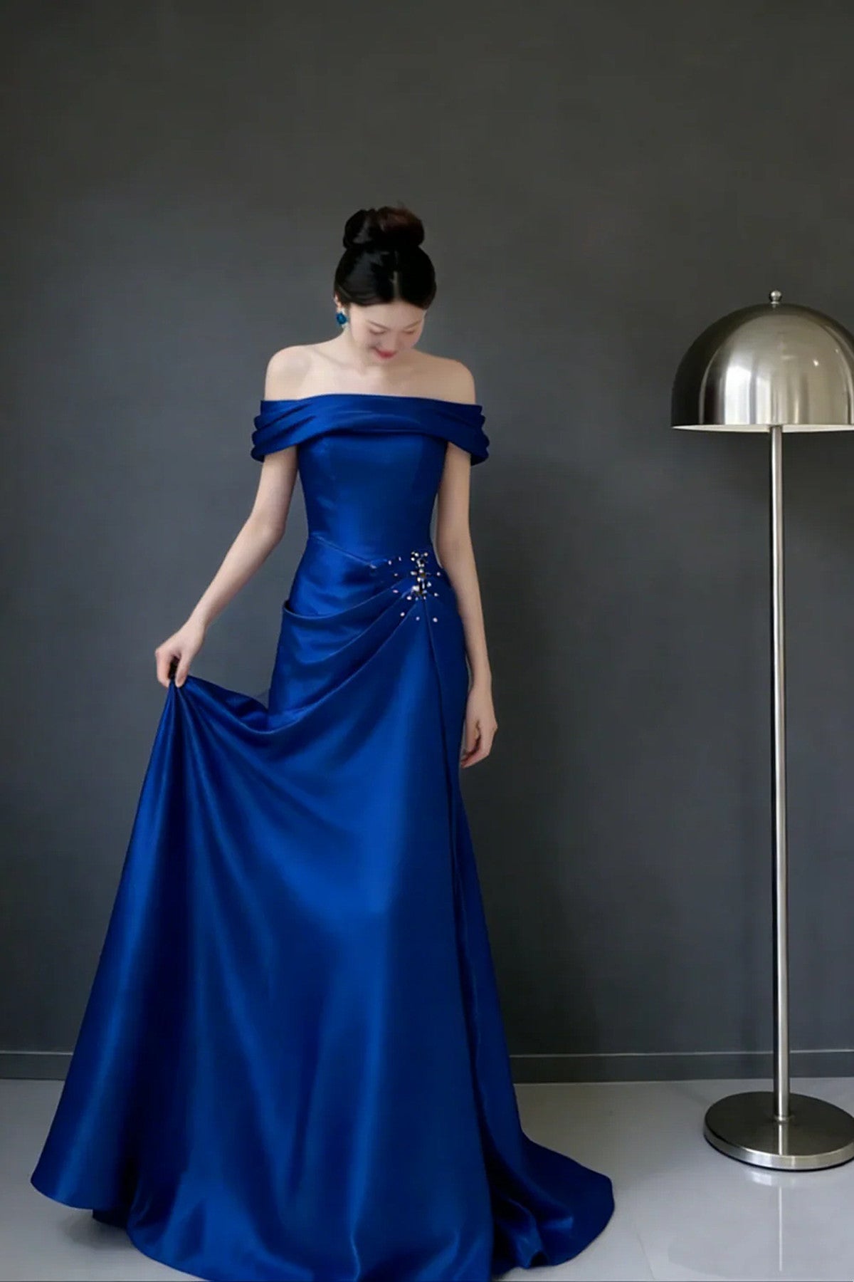 Blue Satin Mermaid Scoop Long Formal Dress, Blue Beaded Evening Dress Prom Dress