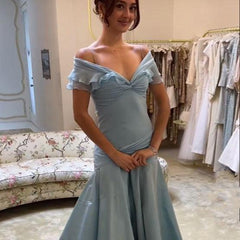 Blue Satin Off Shoulder Long Formal Dress, Sweetheart Blue Wedding Party Dress