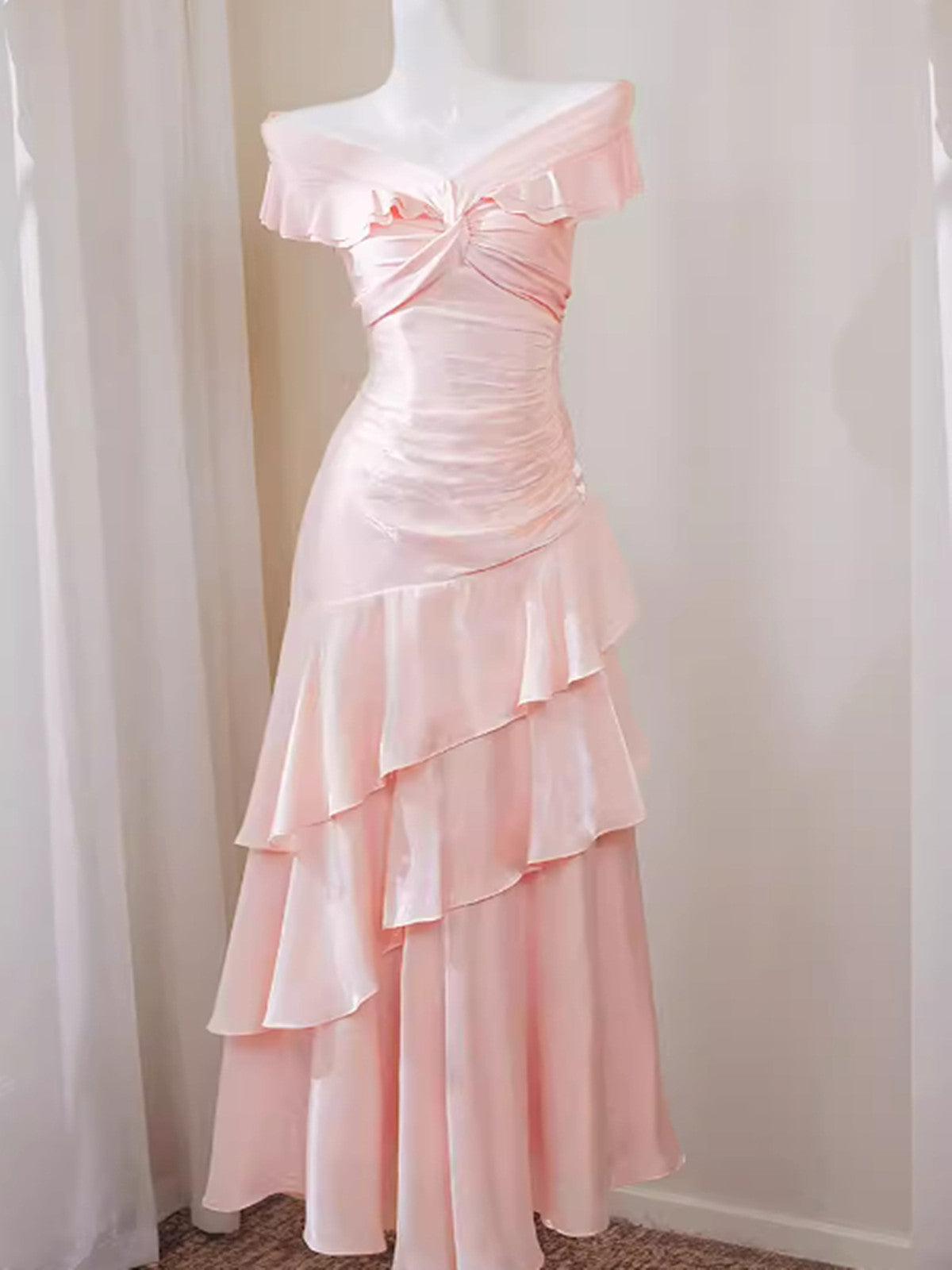 Elegant Pink Off-the-Shoulder Satin Evening Gown,Tiered Ruffle Prom Dr – Cutedressy Elegant Pink Off-the-Shoulder Satin Evening Gown,Tiered Ruffle Prom Dr – Cutedressy
