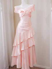 Elegant Pink Off-the-Shoulder Satin Evening Gown，Tiered Ruffle Prom Dress