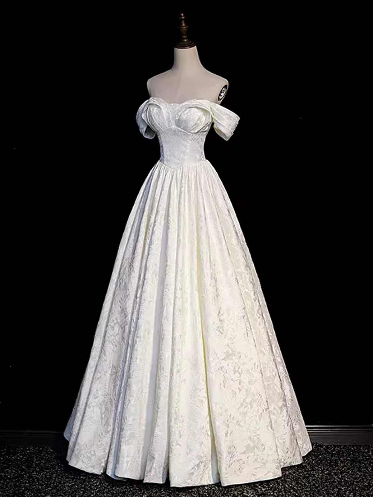 Light Champagne Off Shoulder Sweetheart Prom Dress, Floral A-line Long Evening Dress