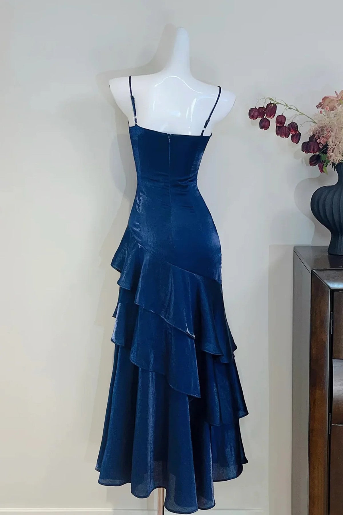 Navy Blue Straps Layers Long Formal Dress, Navy Blue Satin Straps Party Dress