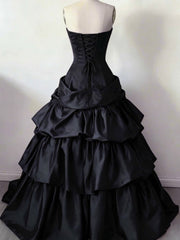 Elegant Black Tiered Satin Prom Dress, Sweetheart Ruffle Ball Gown Long Sweet 16 Dress