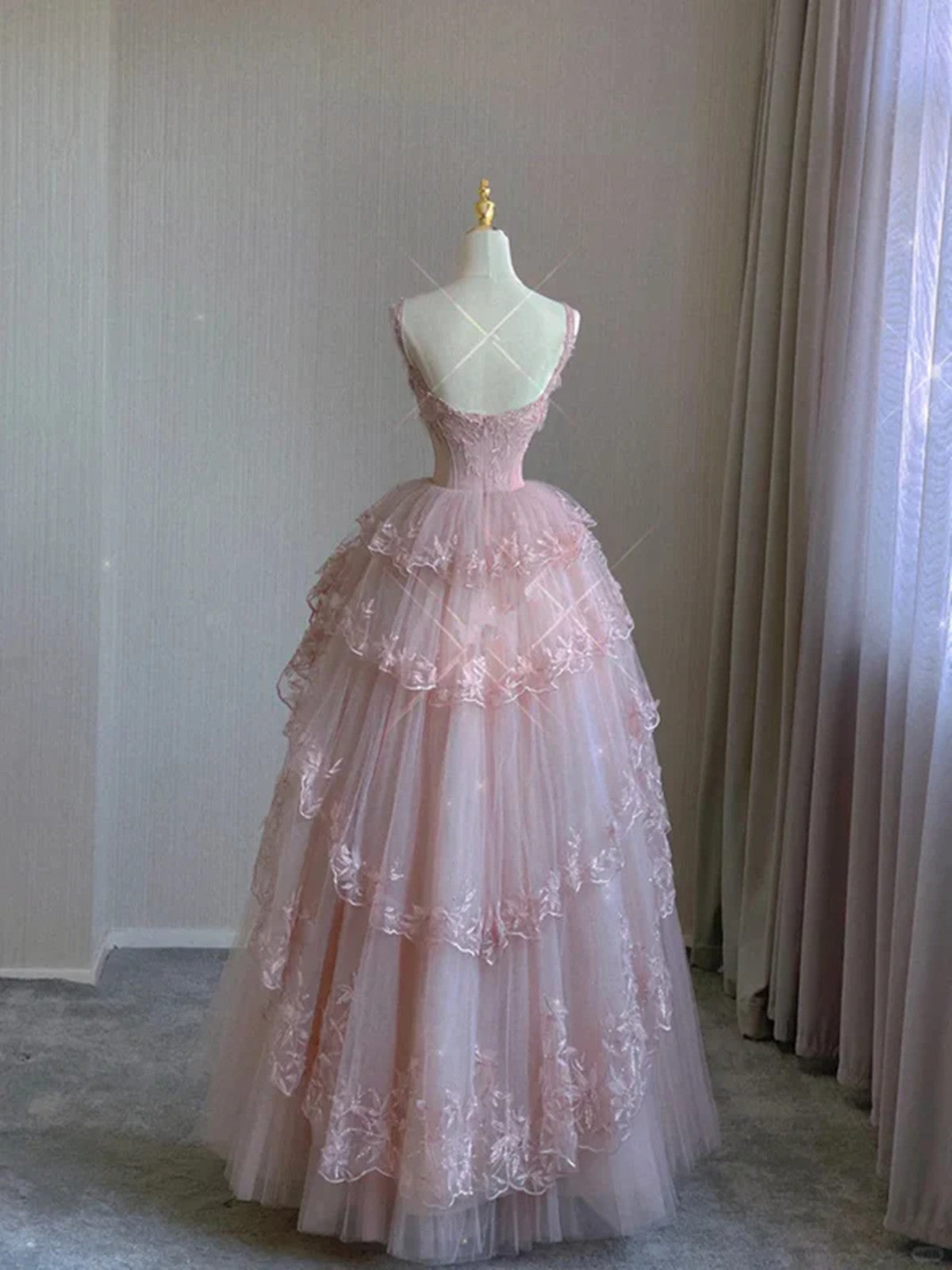 Pink Flowers Tulle with Lace Applique Straps Prom Dress, Pink Tulle Low Back Party Dress