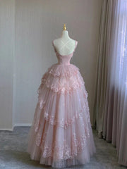Pink Flowers Tulle with Lace Applique Straps Prom Dress, Pink Tulle Low Back Party Dress