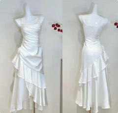 Elegant White Satin High Low Party Dress with Ruching and Tiered Ruffle, White Formal Dresses